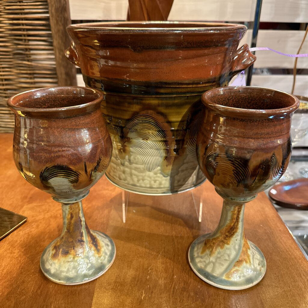 Vintage Handmade Studio Pottery Ice Bucket & 2 Goblets