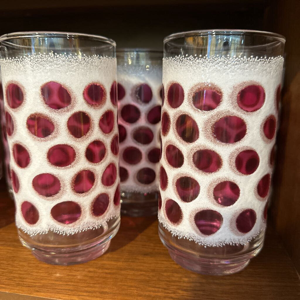 Mid Century Cranberry Concord Frosted Polka Dot Tumblers by Libbey