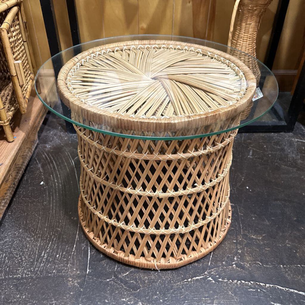 Vintage Wicker End Table w/ Glass Top