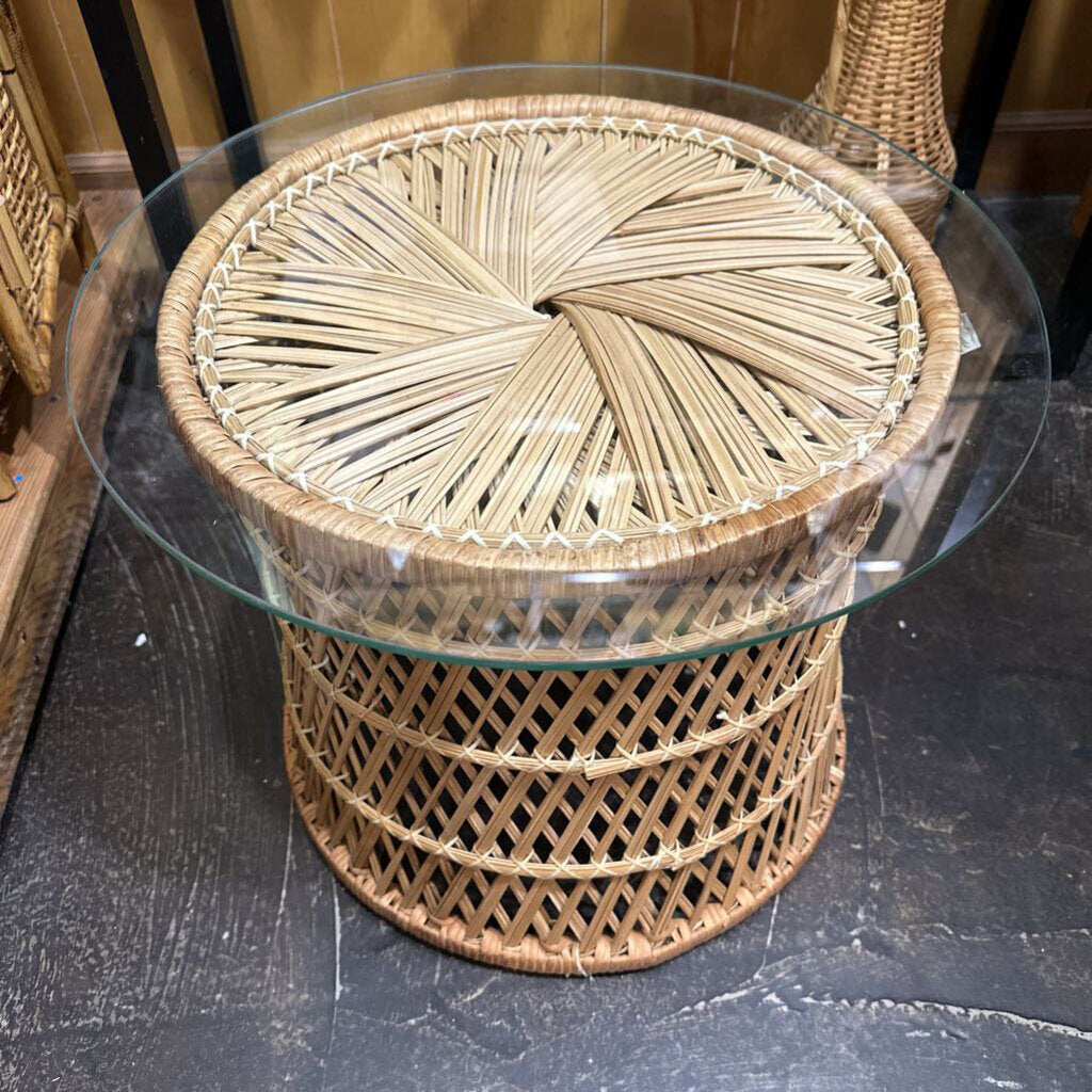 Vintage Wicker End Table w/ Glass Top