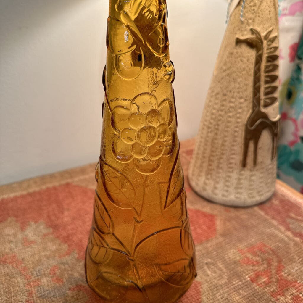 Vintage Tall Amber Floral Bottle