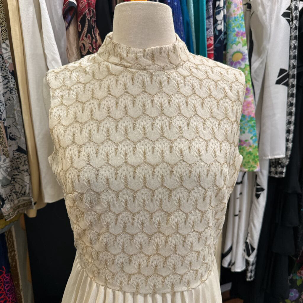 1960s Sleeveless Pleated Midi w/ Woven Gold