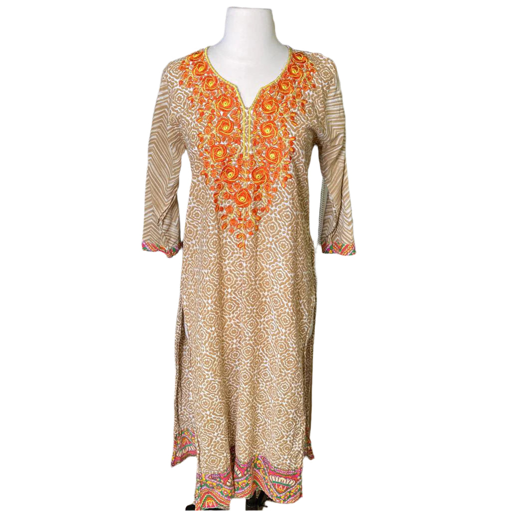 Brown kurta with orange embroidery