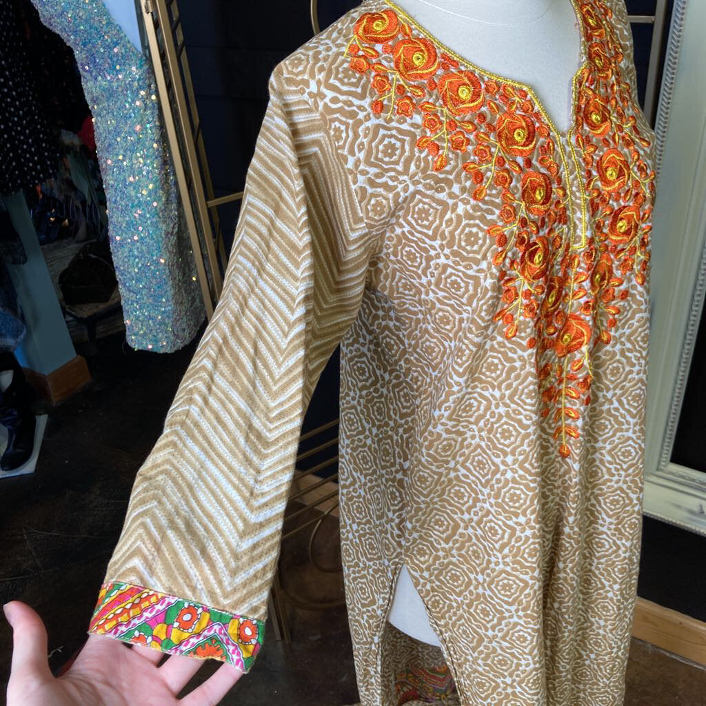 Brown kurta with orange embroidery