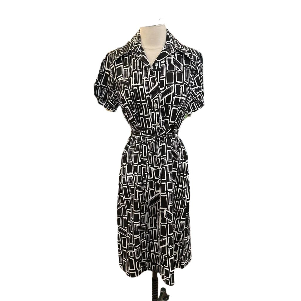 1970s Black & White Mod Print Midi w/ Belt by Ship n Shore