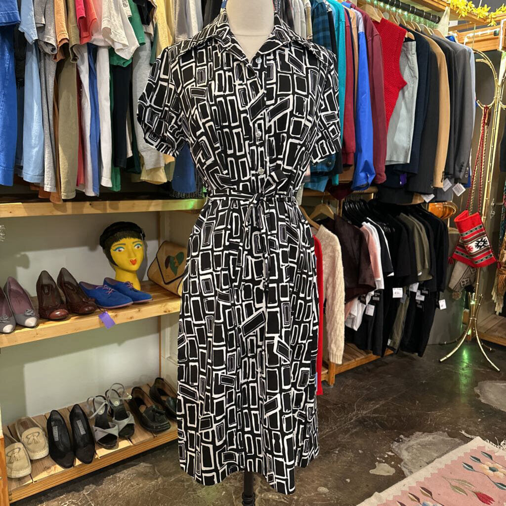 1970s Black & White Mod Print Midi w/ Belt by Ship n Shore