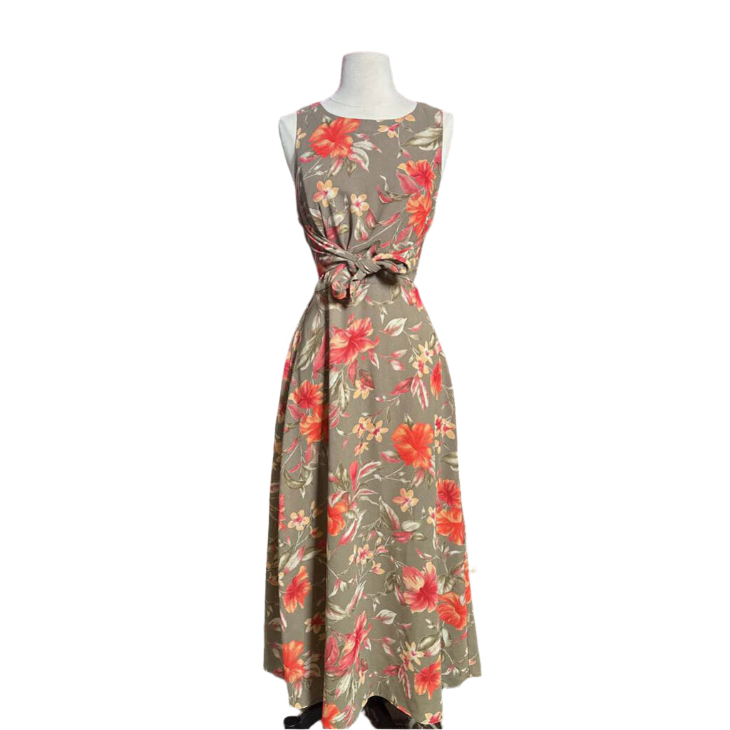 1990s Olive Green Tropical Floral Midi Dress
