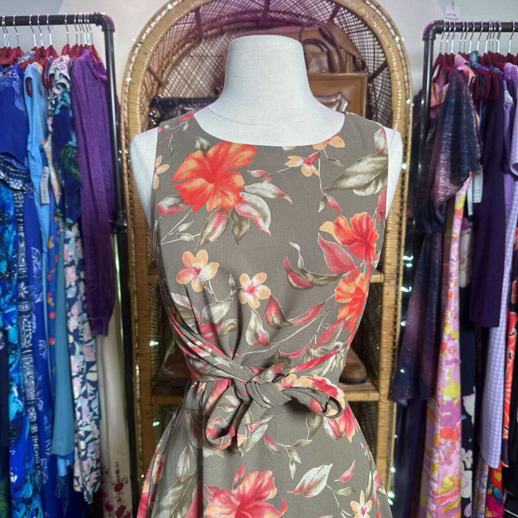 1990s Olive Green Tropical Floral Midi Dress