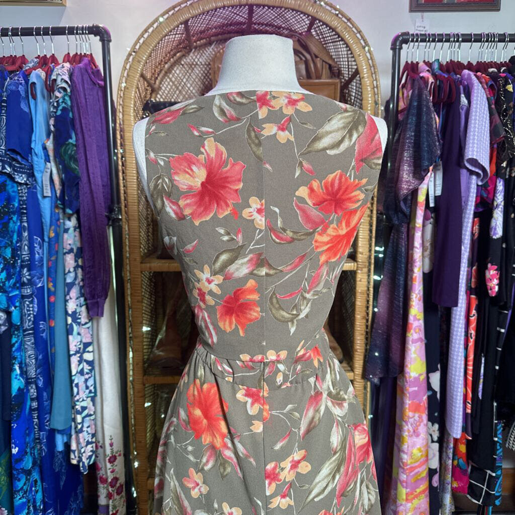 1990s Olive Green Tropical Floral Midi Dress