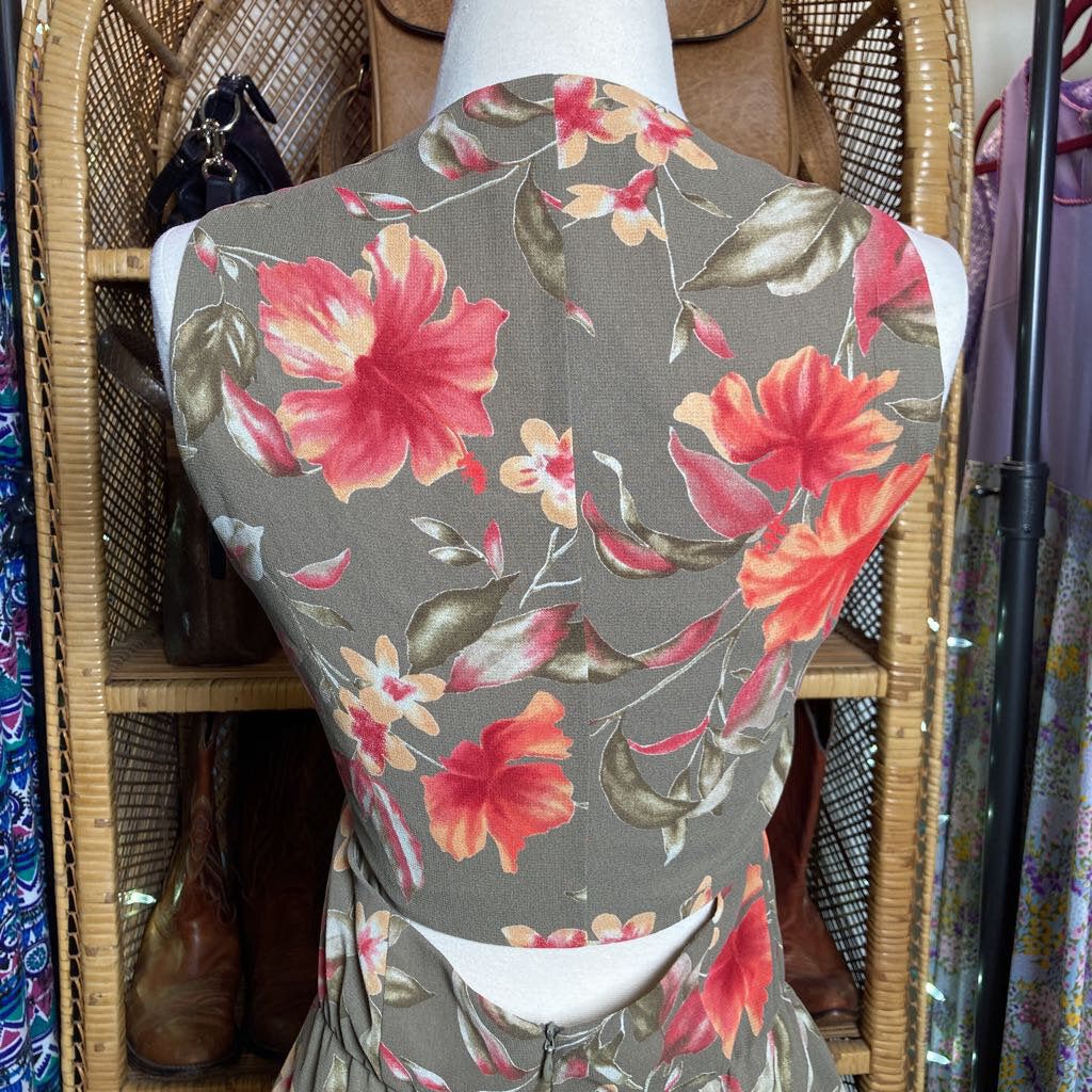 1990s Olive Green Tropical Floral Midi Dress