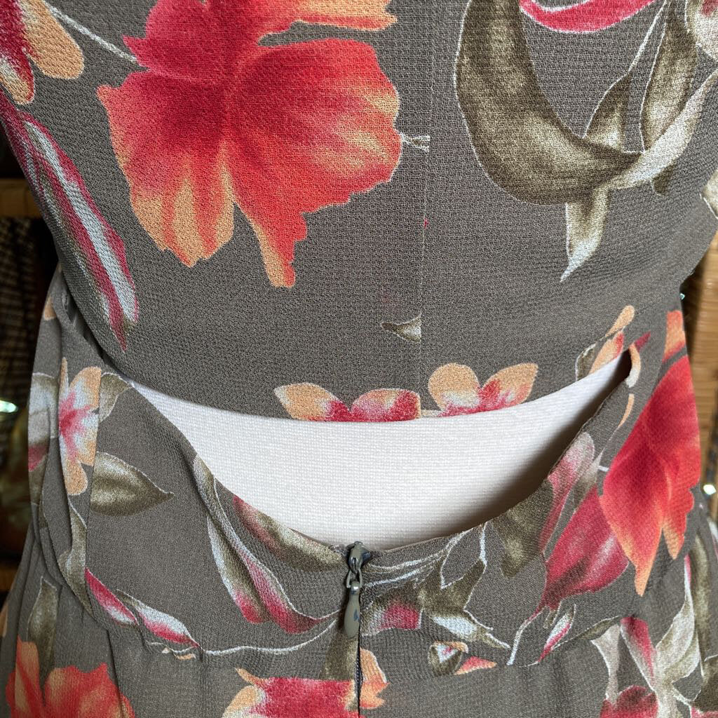 1990s Olive Green Tropical Floral Midi Dress