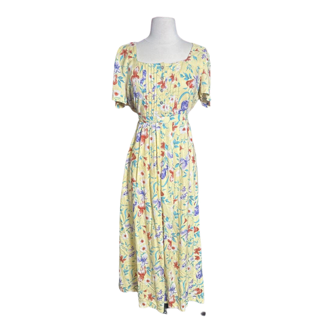 1990s Yellow Floral Midi Dress
