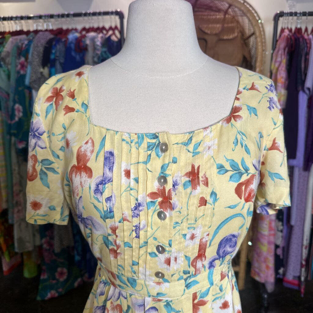 1990s Yellow Floral Midi Dress