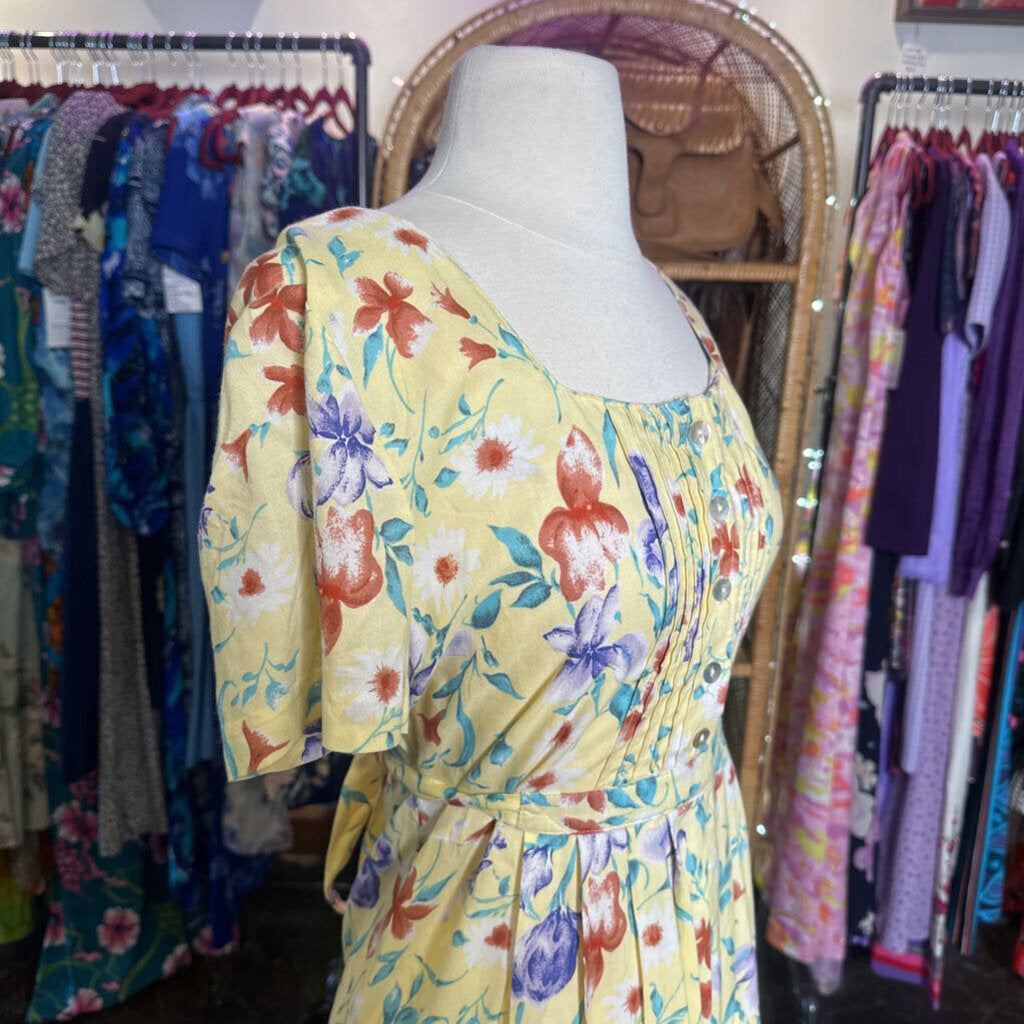 1990s Yellow Floral Midi Dress