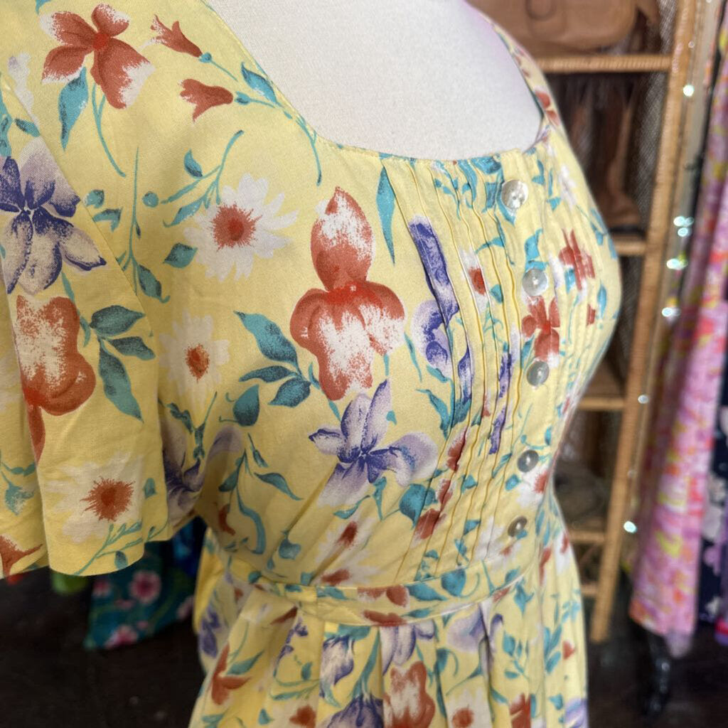 1990s Yellow Floral Midi Dress