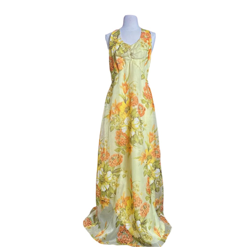 Small | 1970's Vintage Yellow and 2024 Orange Floral Chiffon Maxi Dress