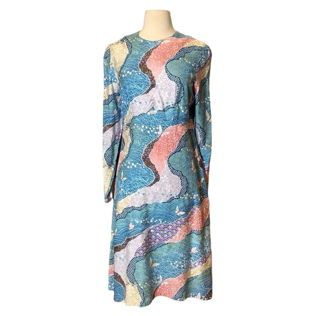 1970s Blue Butterfly Floral Print Dress