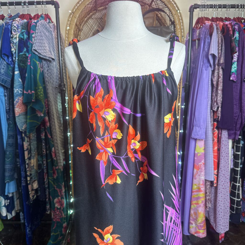 1970s Black Tropical Maxi