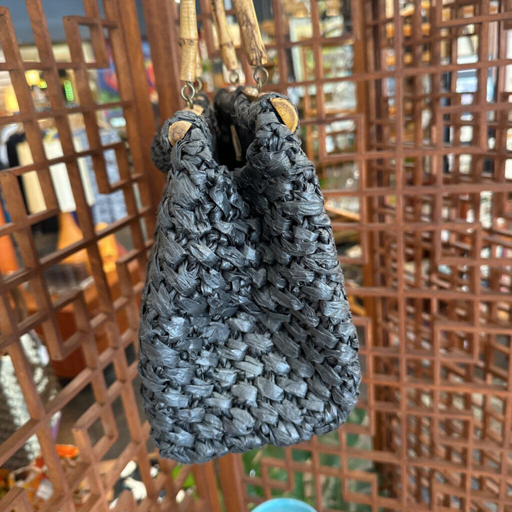 Vintage Woven Black Handbag w/ Bamboo Handles