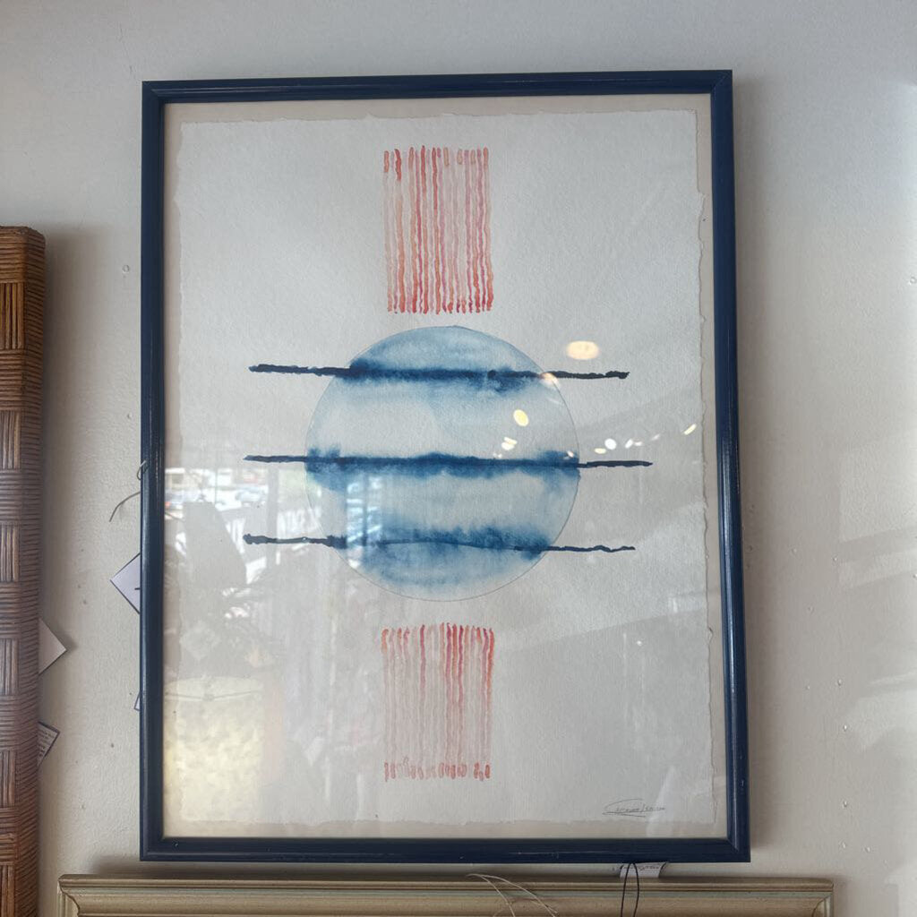 Blue circle w red stripes water color
