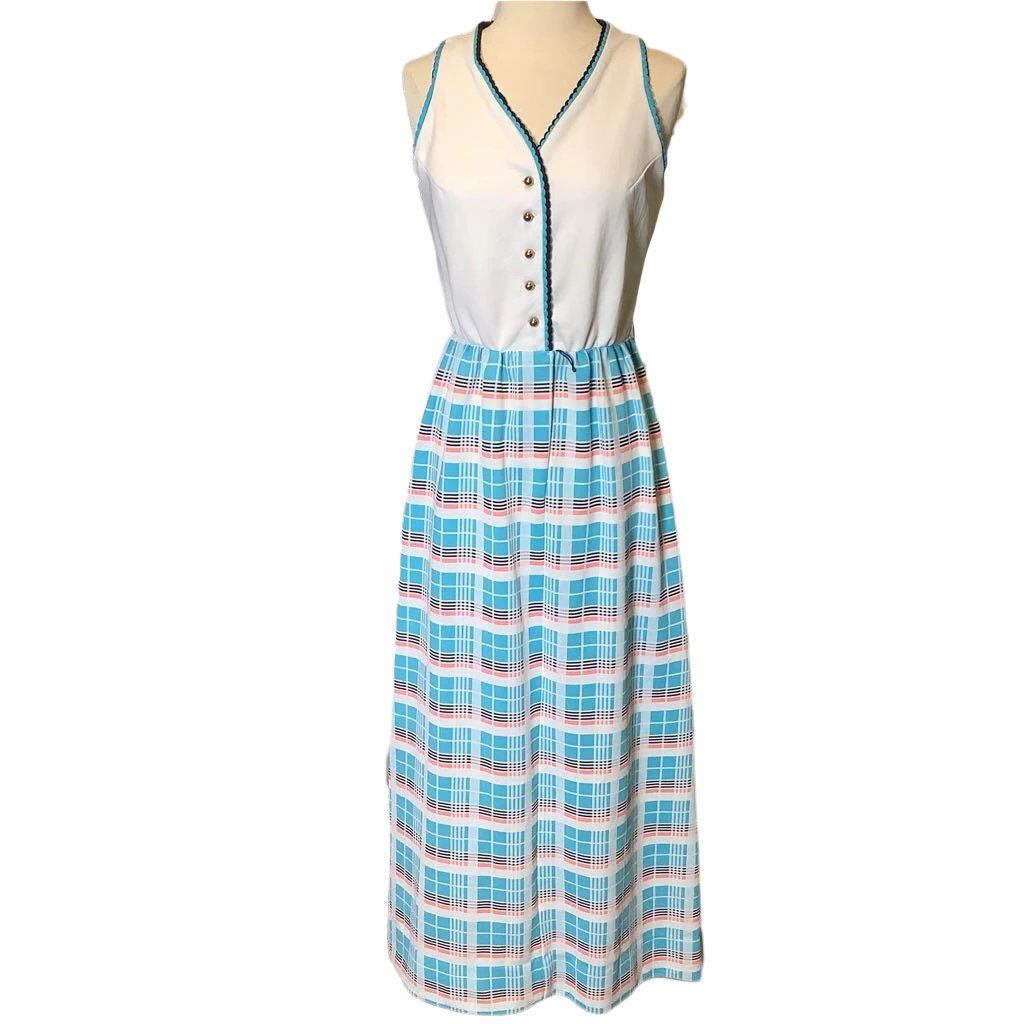 1970s White Plaid Maxi Dress