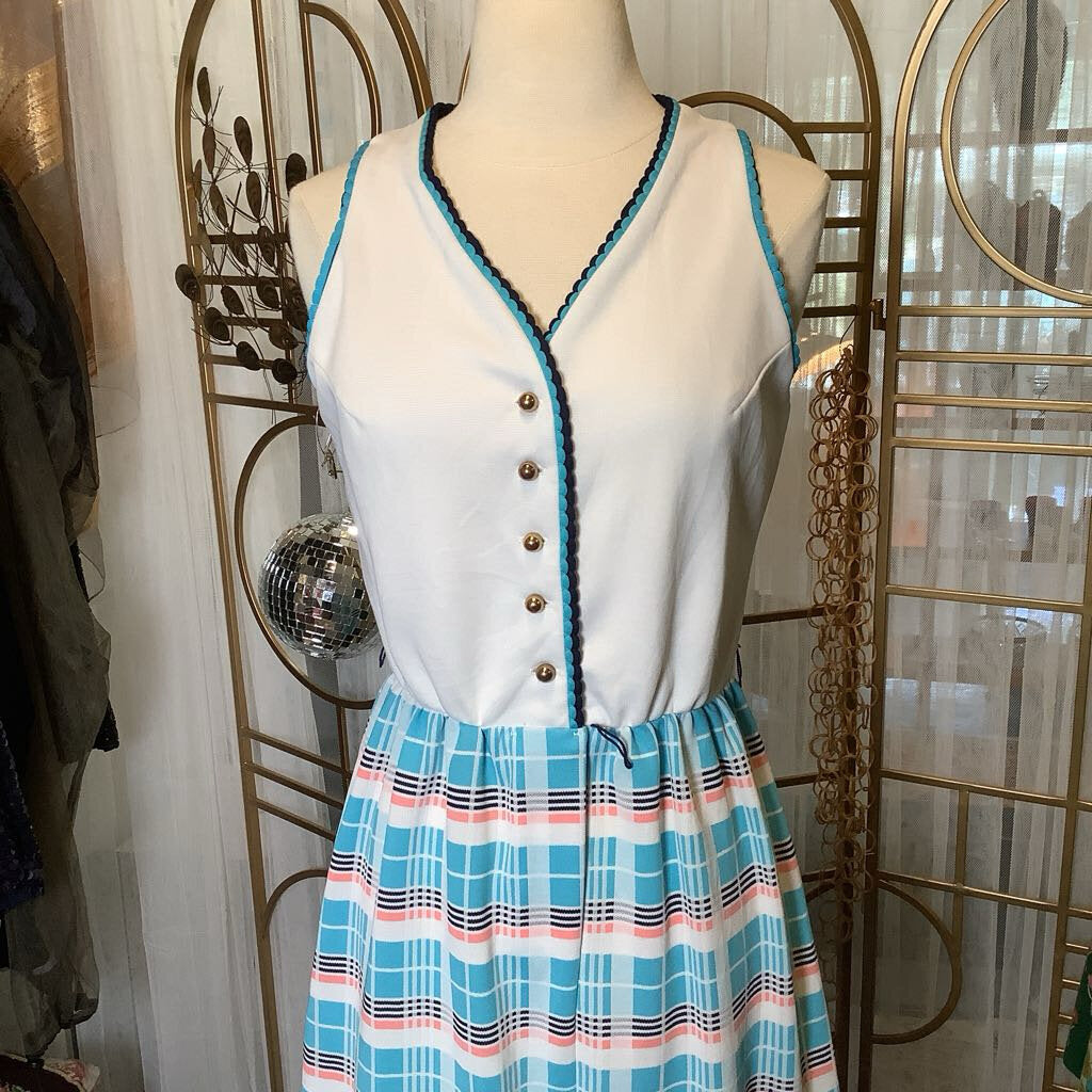 1970s White Plaid Maxi Dress