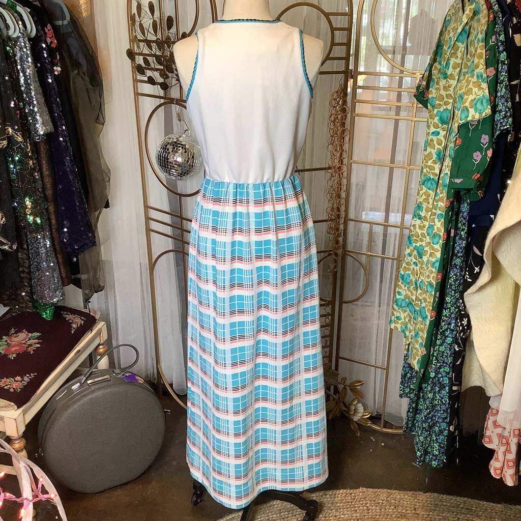 1970s White Plaid Maxi Dress