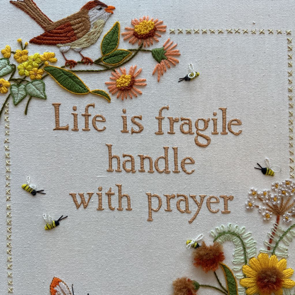 Vintage Crewel Embroidery Life is Fragile