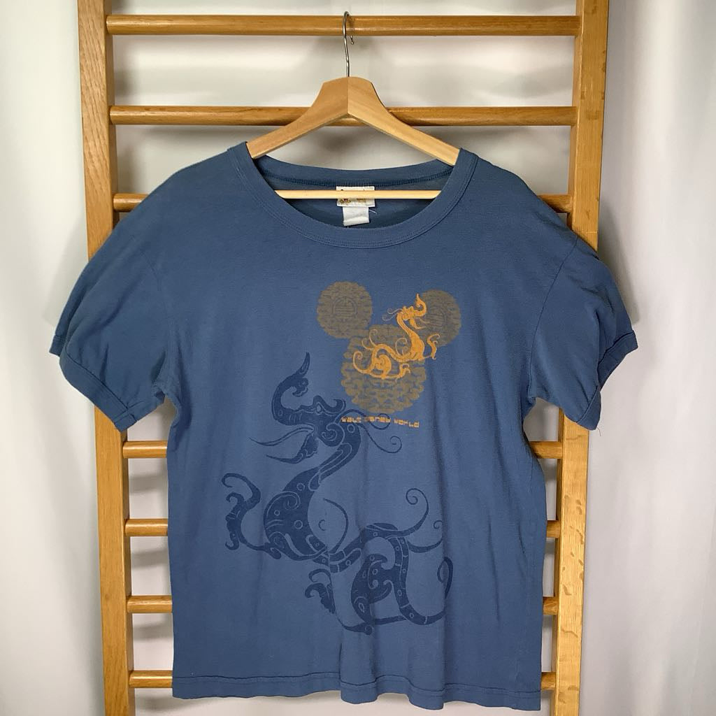 Blue t-shirt with dragon design on a wooden hanger against a white wall