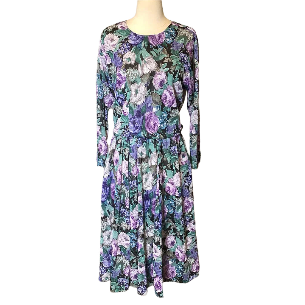 1980s Purple Green Floral Dress