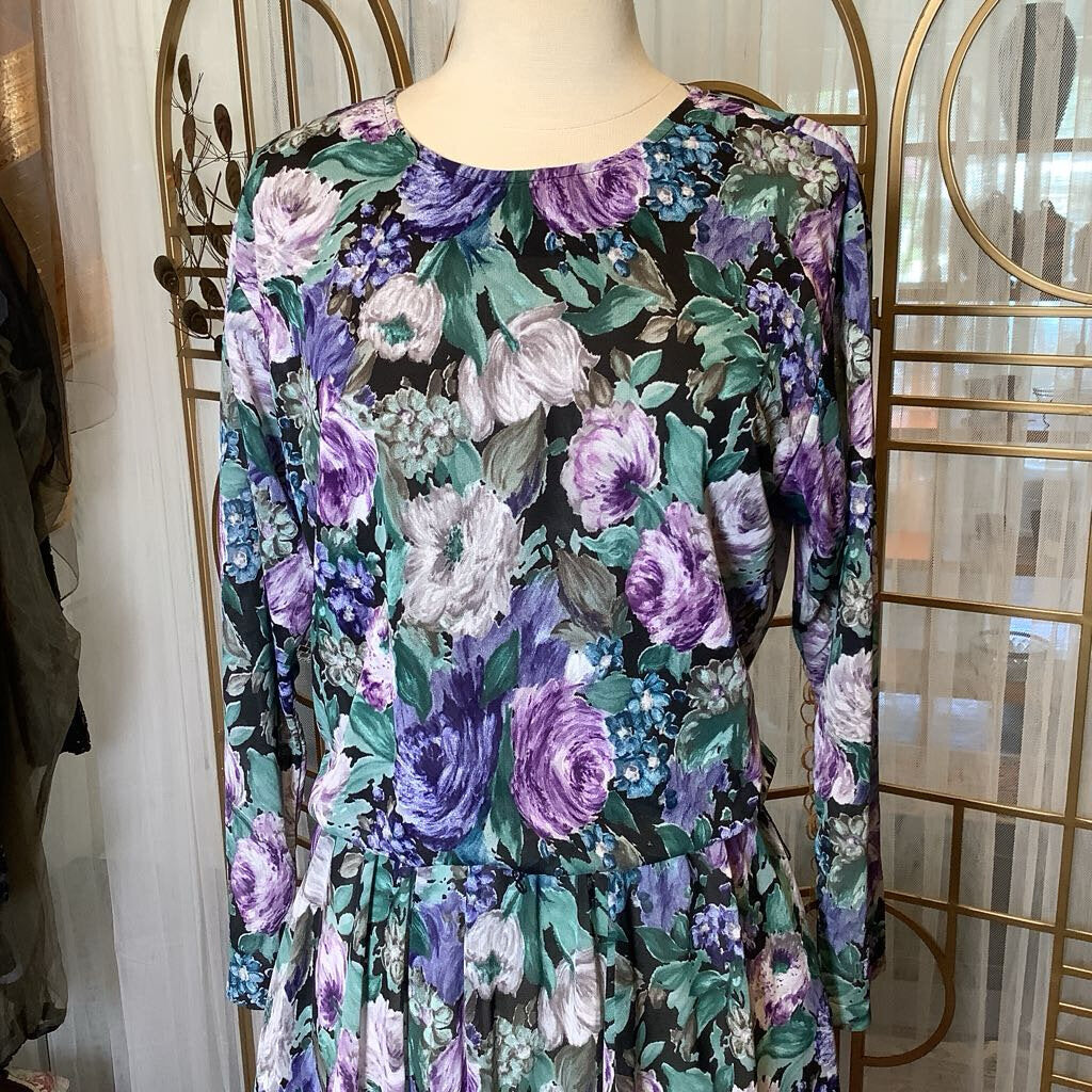1980s Purple Green Floral Dress