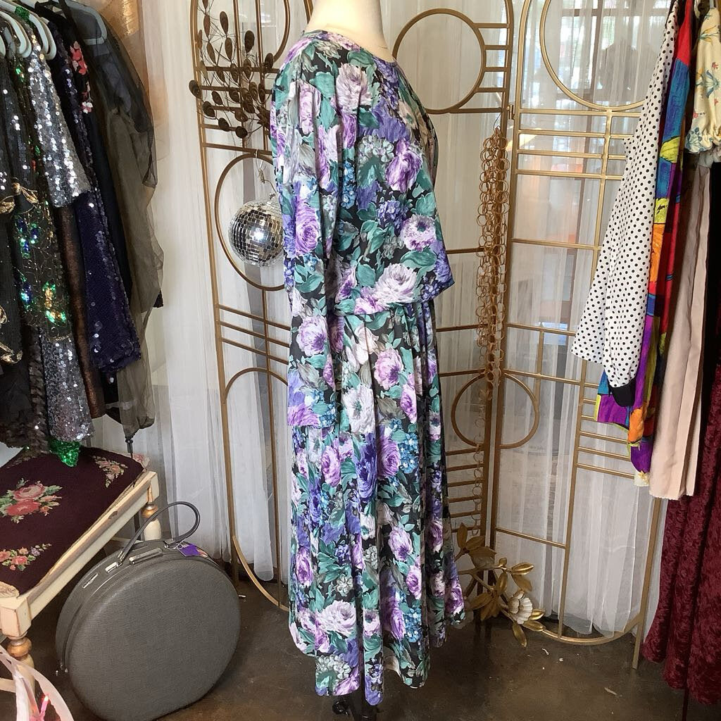 1980s Purple Green Floral Dress