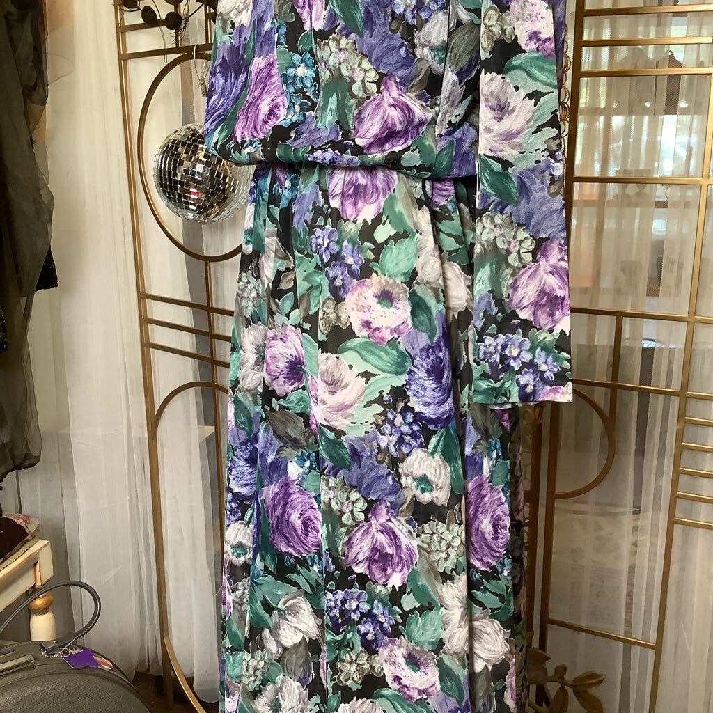 1980s Purple Green Floral Dress