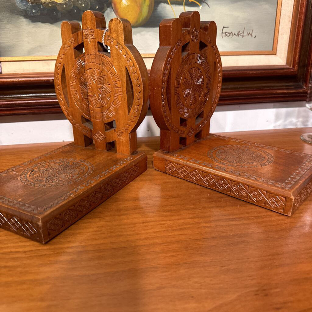 Set of Vintage Carved Wooden Bookends
