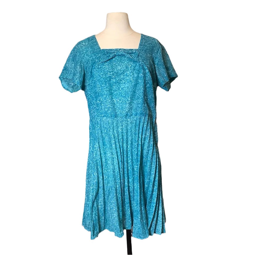 1950s Blue Floral Bow Day Dress