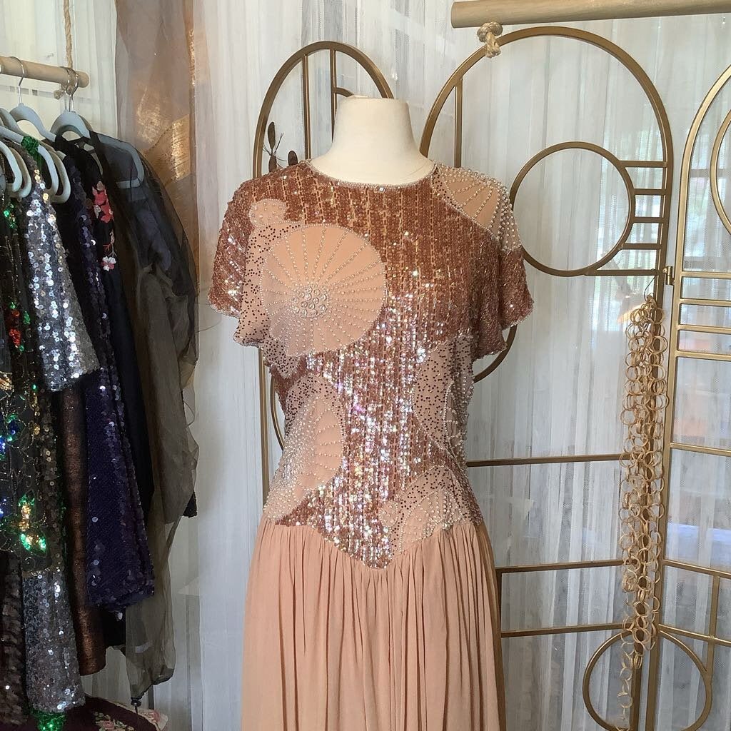 1980s Iridescent Sequin & Beaded Taupe Evening Dress