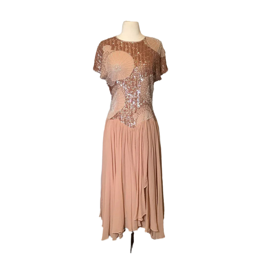 1980s Iridescent Sequin & Beaded Taupe Evening Dress