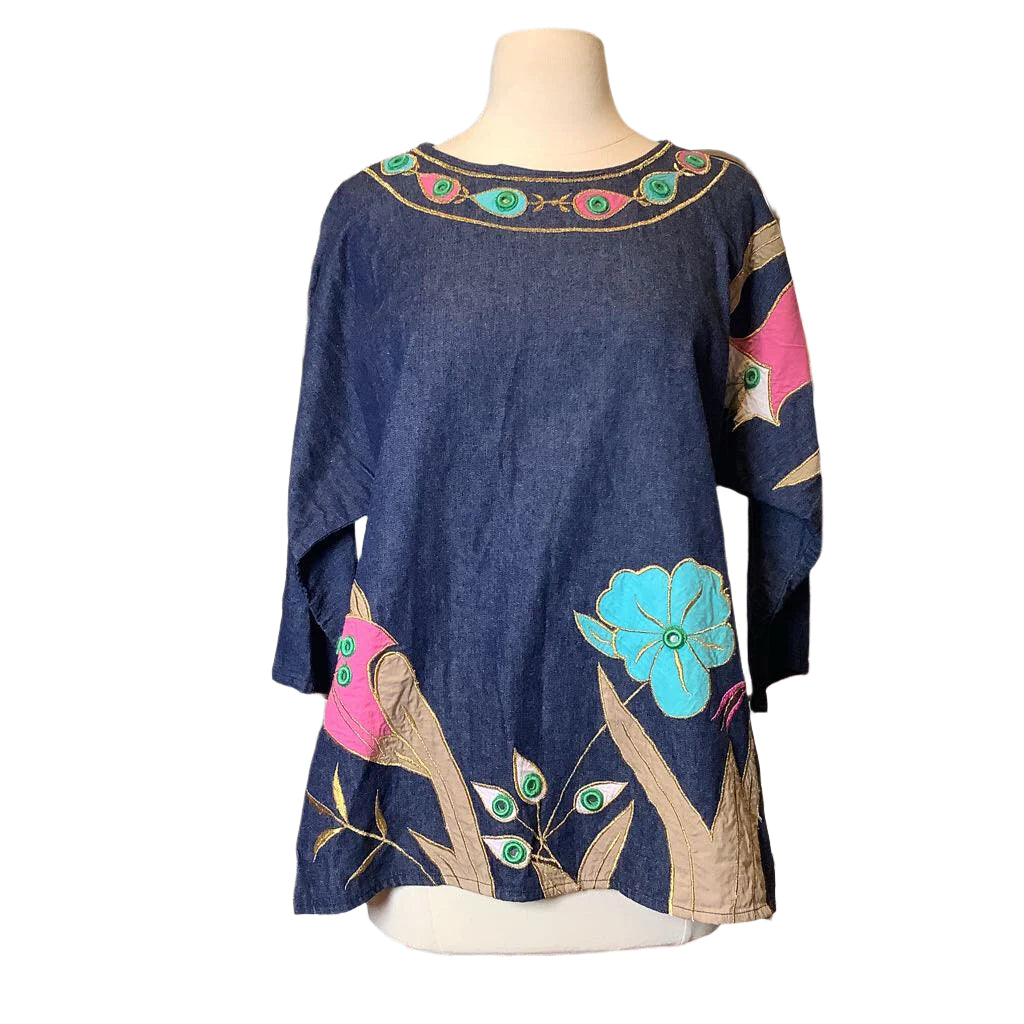 1990s Denim Applique Blouse with Mirrored Trim