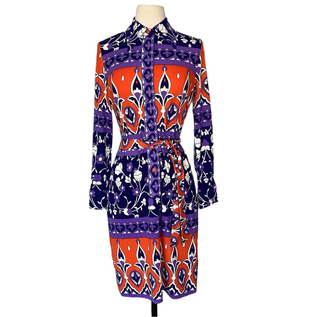 1970s Purple and Orange Floral Dress with Belt