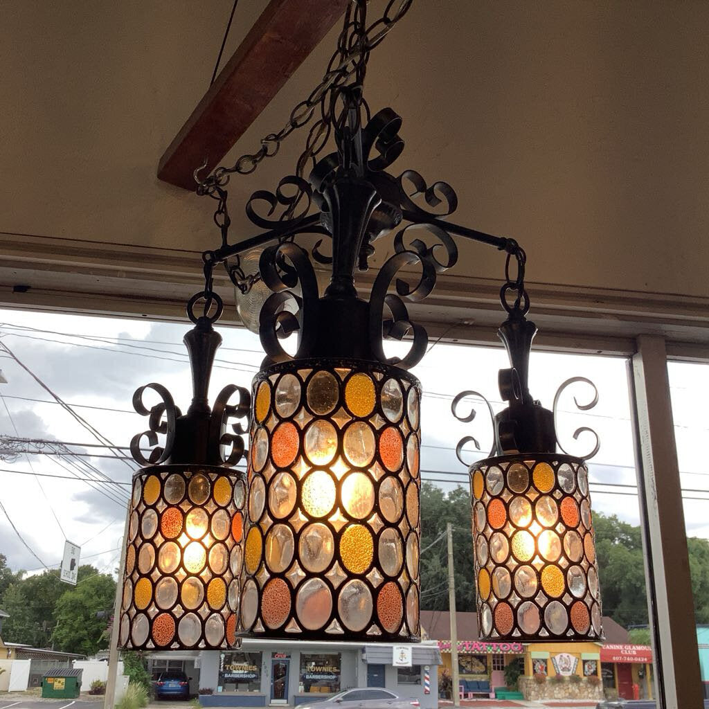 Mid Century 1960s Iron & Colored Glass 3 Light Swag Lamp
