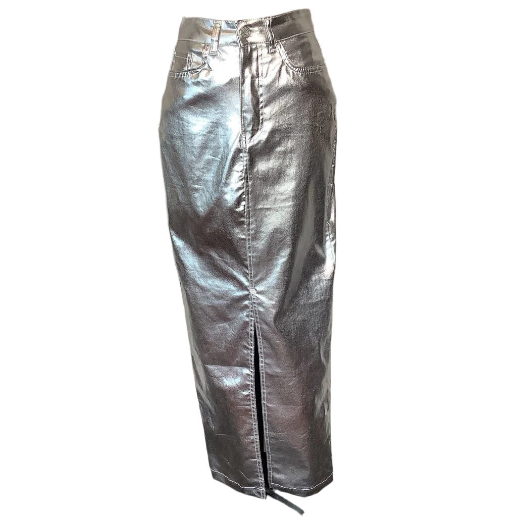 Silver Shiny Metallic Maxi Skirt