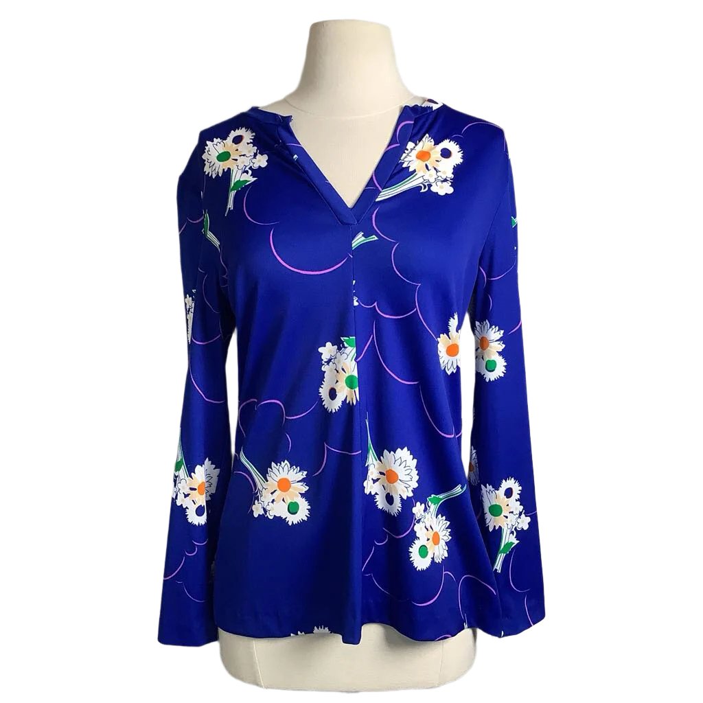 1970s Blue Floral Tunic Blouse