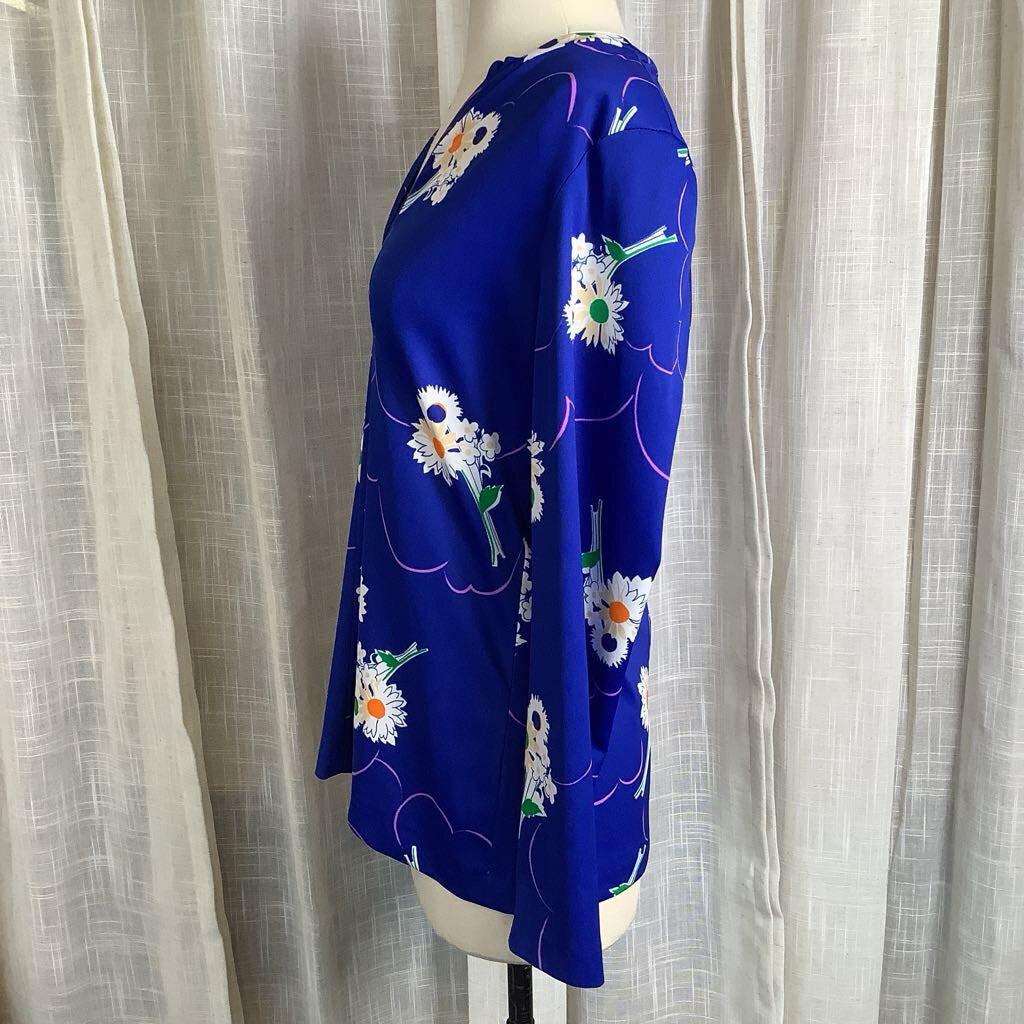 1970s Blue Floral Tunic Blouse