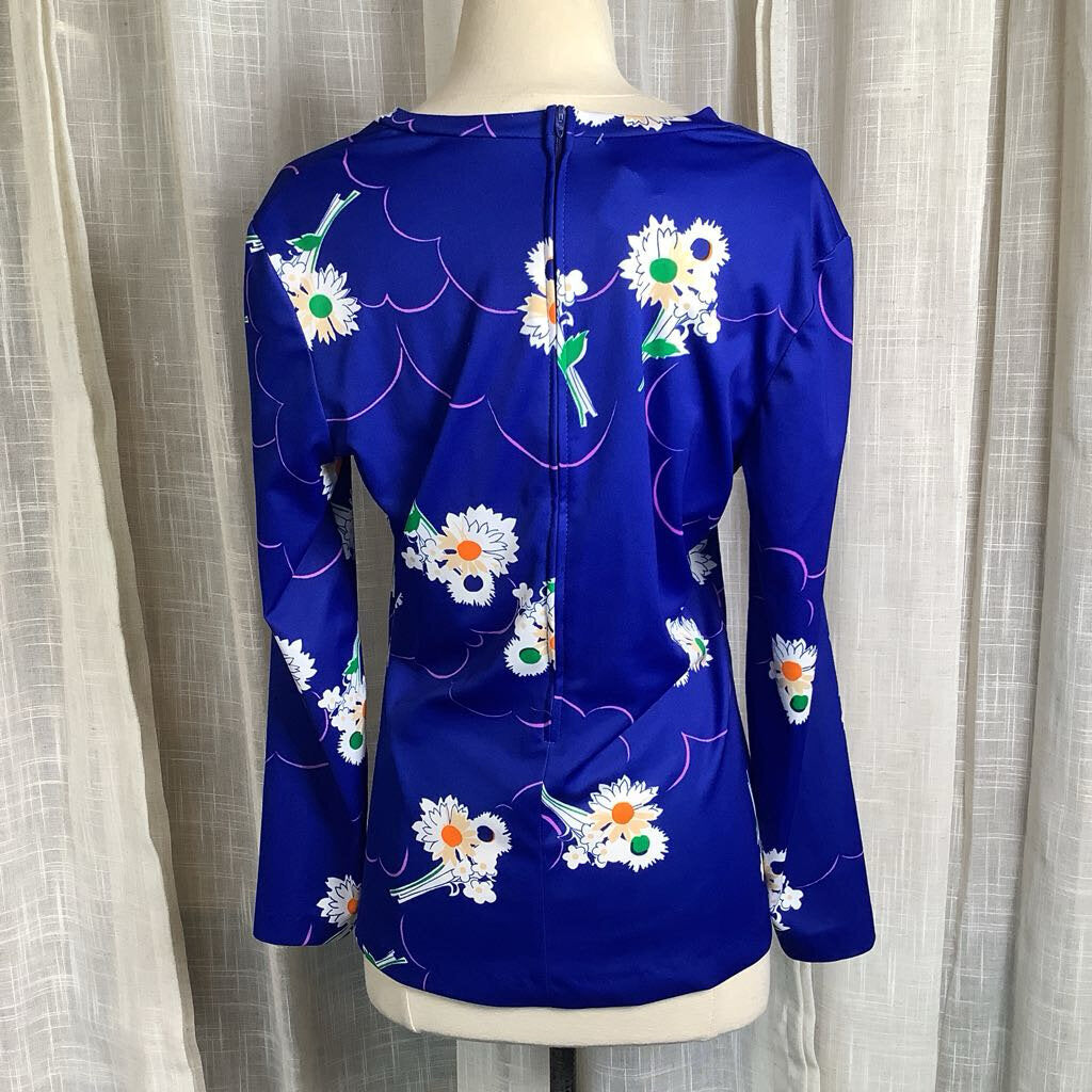 1970s Blue Floral Tunic Blouse
