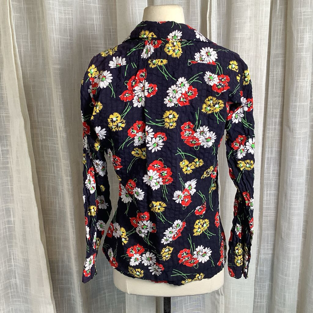 1970s Navy Blue Floral Blouse