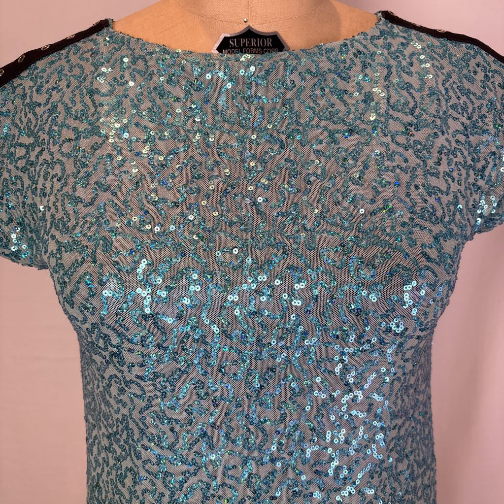 Aqua Sequin Top with Black Shoulder Accent