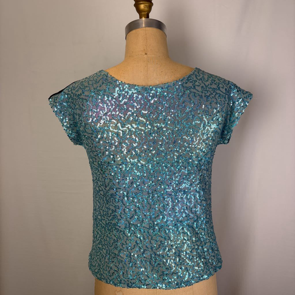 Aqua Sequin Top with Black Shoulder Accent