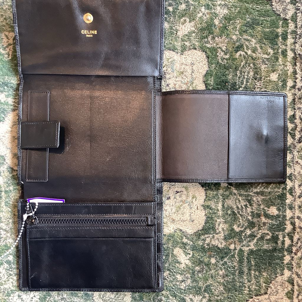 Black Celine wallet open on a textured green surface