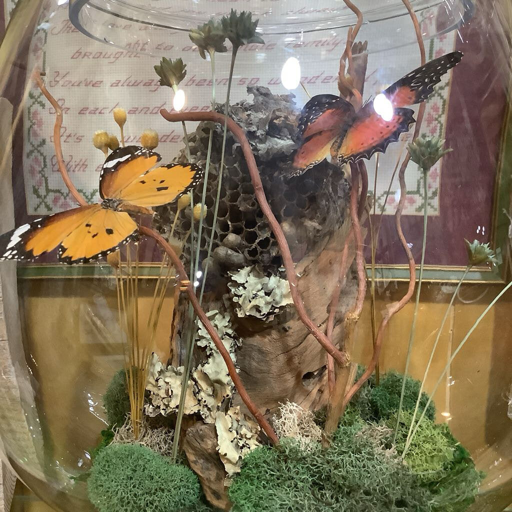 17" Butterfly Art Handmade Dried Flowers Vintage Glass