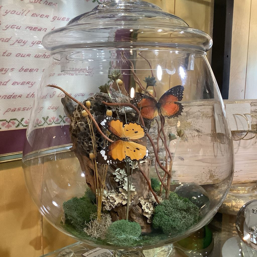 17" Butterfly Art Handmade Dried Flowers Vintage Glass